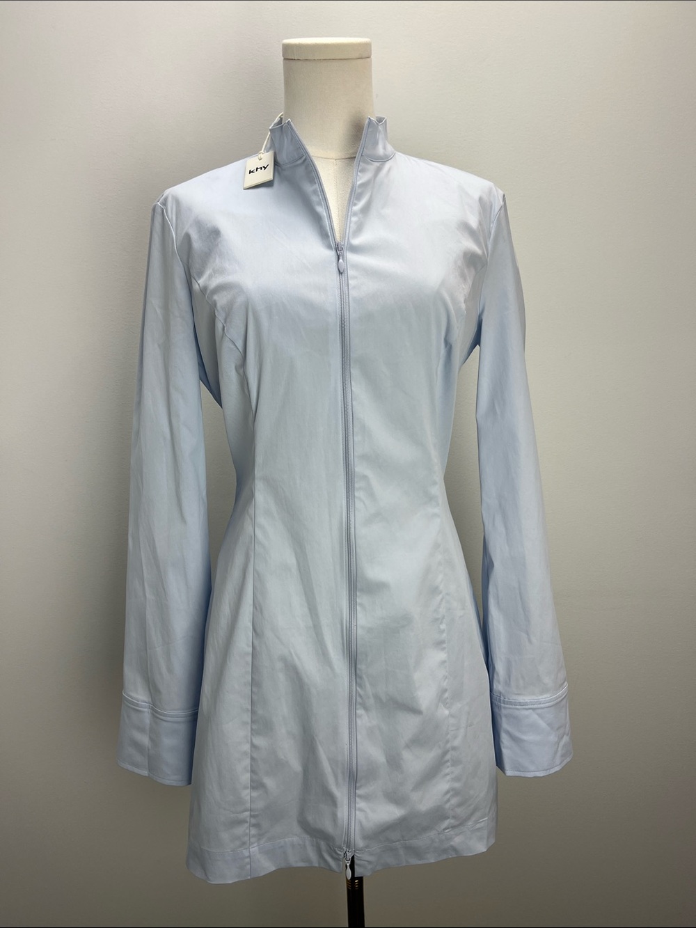 KHY Poplin Long Zip Up Mini Dress Ice Blue Kylie Jenner Womens 8 Shirt Dress